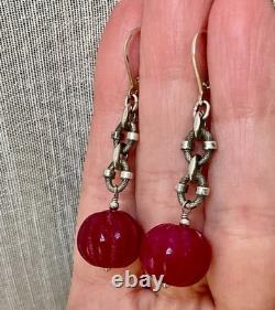 Anciennes Boucles D'oreilles Argent Massif Enorme Rubis Naturel Sculpté