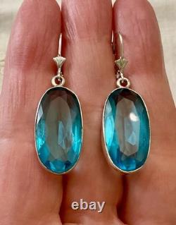 Anciennes Boucles D'oreilles Argent Massif Enorme Topaze Bleue Naturelle