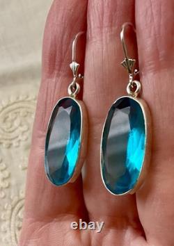 Anciennes Boucles D'oreilles Argent Massif Enorme Topaze Bleue Naturelle