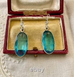 Anciennes Boucles D'oreilles Argent Massif Enorme Topaze Bleue Naturelle