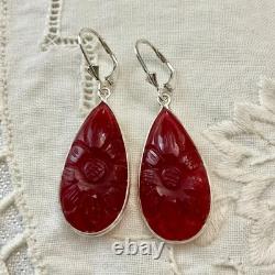 Anciennes Boucles D'oreilles Argent Massif Goutte Cornaline Sculptée
