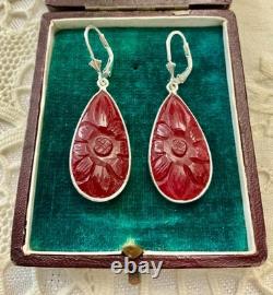 Anciennes Boucles D'oreilles Argent Massif Goutte Cornaline Sculptée