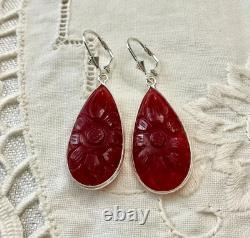 Anciennes Boucles D'oreilles Argent Massif Goutte Cornaline Sculptée