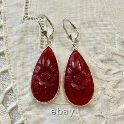 Anciennes Boucles D'oreilles Argent Massif Goutte Cornaline Sculptée