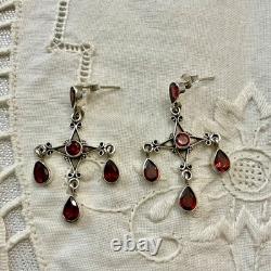 Anciennes Boucles D'oreilles Argent Massif Grenats Design Createur
