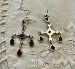 Anciennes Boucles D'oreilles Argent Massif Grenats Design Createur