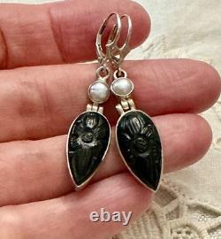 Anciennes Boucles D'oreilles Argent Massif Intaille Onyx Et Perle