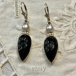 Anciennes Boucles D'oreilles Argent Massif Intaille Onyx Et Perle