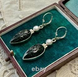 Anciennes Boucles D'oreilles Argent Massif Intaille Onyx Et Perle
