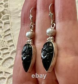 Anciennes Boucles D'oreilles Argent Massif Intaille Onyx Et Perle