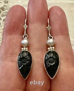 Anciennes Boucles D'oreilles Argent Massif Intaille Onyx Et Perle