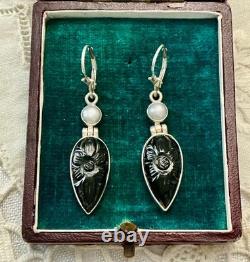 Anciennes Boucles D'oreilles Argent Massif Intaille Onyx Et Perle