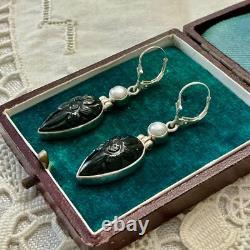 Anciennes Boucles D'oreilles Argent Massif Intaille Onyx Et Perle