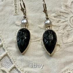 Anciennes Boucles D'oreilles Argent Massif Intaille Onyx Et Perle