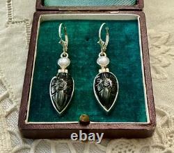 Anciennes Boucles D'oreilles Argent Massif Intaille Onyx Et Perle