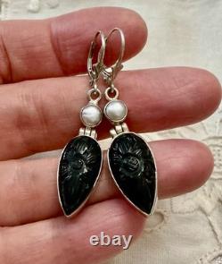 Anciennes Boucles D'oreilles Argent Massif Intaille Onyx Et Perle