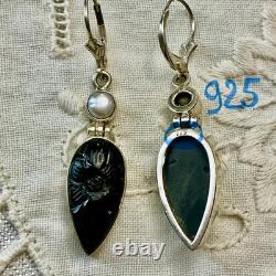 Anciennes Boucles D'oreilles Argent Massif Intaille Onyx Et Perle