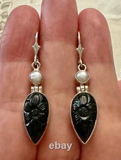 Anciennes Boucles D'oreilles Argent Massif Intaille Onyx Et Perle