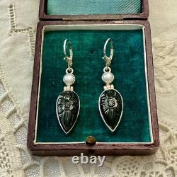 Anciennes Boucles D'oreilles Argent Massif Intaille Onyx Et Perle