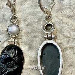 Anciennes Boucles D'oreilles Argent Massif Intaille Onyx Et Perle