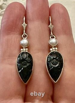 Anciennes Boucles D'oreilles Argent Massif Intaille Onyx Et Perle
