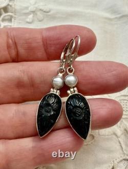 Anciennes Boucles D'oreilles Argent Massif Intaille Onyx Et Perle