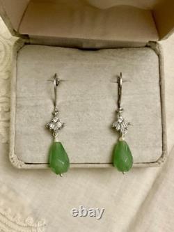 Anciennes Boucles D'oreilles Argent Massif Jade Perle Fine Et Topazes Baguettes