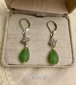 Anciennes Boucles D'oreilles Argent Massif Jade Perle Fine Et Topazes Baguettes