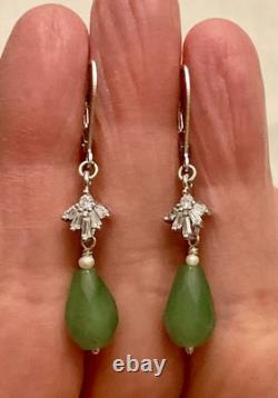 Anciennes Boucles D'oreilles Argent Massif Jade Perle Fine Et Topazes Baguettes