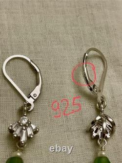 Anciennes Boucles D'oreilles Argent Massif Jade Perle Fine Et Topazes Baguettes