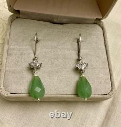 Anciennes Boucles D'oreilles Argent Massif Jade Perle Fine Et Topazes Baguettes