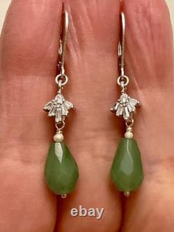 Anciennes Boucles D'oreilles Argent Massif Jade Perle Fine Et Topazes Baguettes