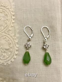 Anciennes Boucles D'oreilles Argent Massif Jade Perle Fine Et Topazes Baguettes