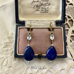 Anciennes Boucles D'oreilles Argent Massif Lapis Topaze Bleue Perle Fine