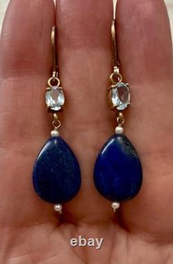 Anciennes Boucles D'oreilles Argent Massif Lapis Topaze Bleue Perle Fine