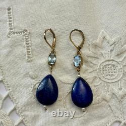 Anciennes Boucles D'oreilles Argent Massif Lapis Topaze Bleue Perle Fine