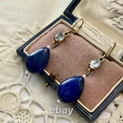 Anciennes Boucles D'oreilles Argent Massif Lapis Topaze Bleue Perle Fine