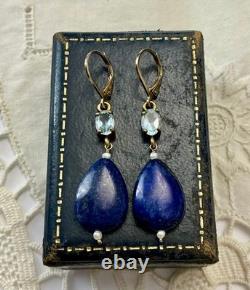 Anciennes Boucles D'oreilles Argent Massif Lapis Topaze Bleue Perle Fine