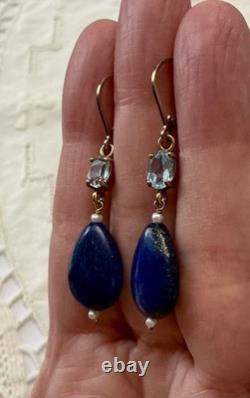 Anciennes Boucles D'oreilles Argent Massif Lapis Topaze Bleue Perle Fine