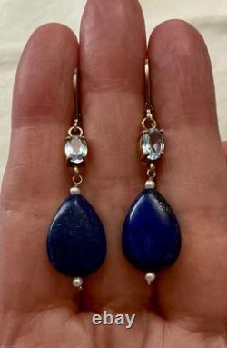 Anciennes Boucles D'oreilles Argent Massif Lapis Topaze Bleue Perle Fine