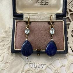 Anciennes Boucles D'oreilles Argent Massif Lapis Topaze Bleue Perle Fine