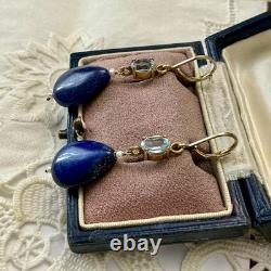 Anciennes Boucles D'oreilles Argent Massif Lapis Topaze Bleue Perle Fine