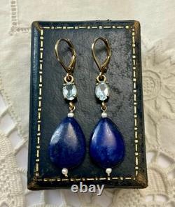 Anciennes Boucles D'oreilles Argent Massif Lapis Topaze Bleue Perle Fine