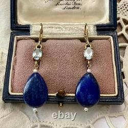 Anciennes Boucles D'oreilles Argent Massif Lapis Topaze Bleue Perle Fine