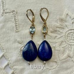 Anciennes Boucles D'oreilles Argent Massif Lapis Topaze Bleue Perle Fine