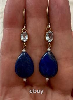 Anciennes Boucles D'oreilles Argent Massif Lapis Topaze Bleue Perle Fine