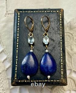 Anciennes Boucles D'oreilles Argent Massif Lapis Topaze Bleue Perle Fine