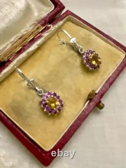 Anciennes Boucles D'oreilles Argent Massif Sublime Citrine Grenat Rose