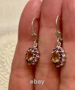 Anciennes Boucles D'oreilles Argent Massif Sublime Citrine Grenat Rose