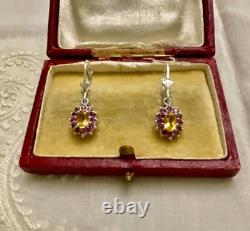 Anciennes Boucles D'oreilles Argent Massif Sublime Citrine Grenat Rose
